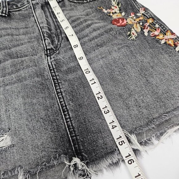 Abercrombie & Fitch Floral Embroidered Distressed Denim Faded Black Wash Skirt - Picture 5 of 8